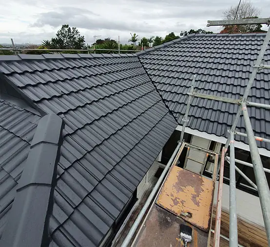 An after image of a house roof freshly painted looking like new